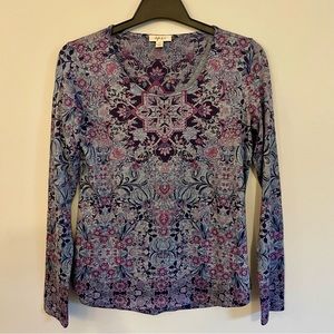 Boho Printed Long Sleeve Top with Rhinestone Detail